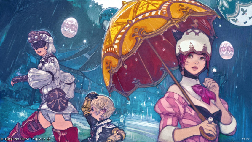 1boy, 2girls, blindfold, blonde_hair, boots, bow, bowtie, company_name, copyright_name, easter_egg, egg, facial_mark, final_fantasy, final_fantasy_xiv, floating, floating_object, hat, highres, holding, holding_umbrella, hyur, jacket, jihli_aliapoh, lalafell, miqo'te, multiple_girls, nagamine_hiroyuki, official_art, open_mouth, outdoors, papalymo_totolymo, parted_lips, rain, red_boots, red_bow, red_bowtie, short_hair, signature, thigh_boots, umbrella, white_hat, white_jacket, yda_hext