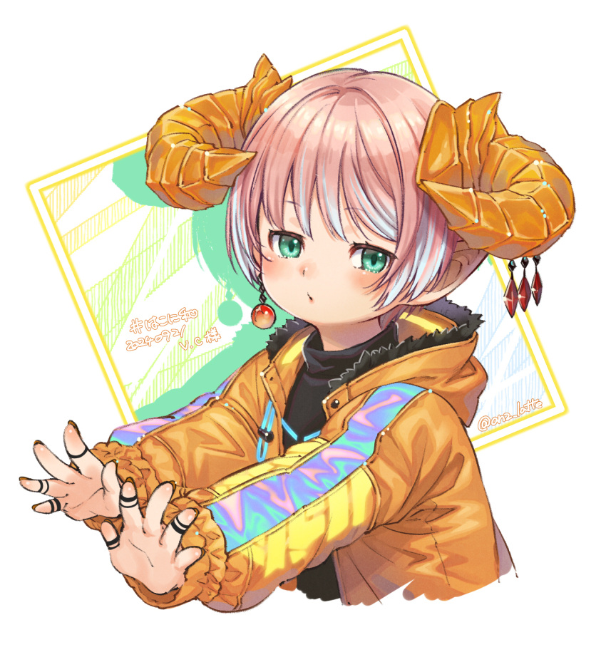 1girl, anz_latte, aqua_eyes, cropped_torso, curled_horns, dated, earrings, final_fantasy