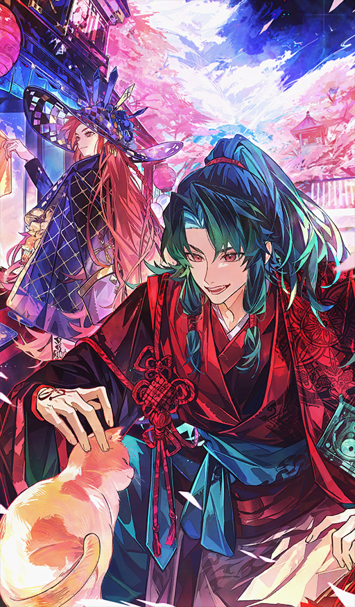 1boy, 1girl, animal, architecture, black_coat, black_hat, braid, cat, cherry_blossoms, chinese_clothes, closed_mouth, clothing_request, coat, coat_on_shoulders, command_spell, commentary_request, curtained_hair, dorothea_coyett, east_asian_architecture, eeju, eigetsu_kenbuu_chou, fate/grand_order, fate/samurai_remnant, fate_(series), green_hair, green_sash, grey_eyes, hair_tie, hand_tattoo, hat, high_ponytail, holding, long_hair, long_sleeves, low-tied_sidelocks, male_focus, official_art, open_mouth, orange_hair, outdoors, petting, ponytail, red_eyes, sash, smile, squatting, standing, tattoo, teeth, third-party_source, tree, very_long_hair, wide_sleeves, yin_yang, zheng_chenggong_(fate)