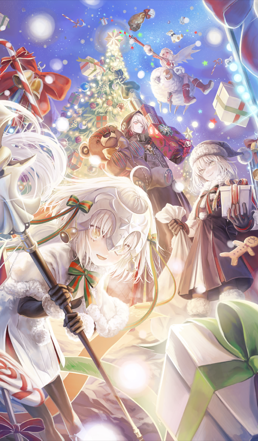 1boy, 3girls, ahoge, altera_(fate), altera_the_santa_(fate), animal, artoria_pendragon_(fate), black_coat, black_dress, black_gloves, black_hat, black_santa_costume, black_thighhighs, blue_sky, boots, bow, bowtie, brass_knuckles, breasts, candy, candy_cane, capelet, christmas, christmas_tree, closed_mouth, coat, commentary_request, dress, earmuffs, eyeliner, fate/grand_order, fate_(series), flying, food, fur-trimmed_boots, fur-trimmed_capelet, fur-trimmed_gloves, fur-trimmed_headwear, fur_trim, gift, gingerbread_man, gloves, green_bow, green_bowtie, hair_over_one_eye, hat, headpiece, holding, holding_gift, holding_polearm, holding_sack, holding_teddy_bear, holding_weapon, hood, hood_up, jeanne_d'arc_alter_santa_lily_(fate), karna_(fate), karna_(santa)_(fate), leaning_forward, long_hair, long_sleeves, looking_at_viewer, makeup, midair, mittens, mizutame_tori, multicolored_bow, multicolored_bowtie, multiple_girls, night, official_art, one_eye_covered, open_mouth, outdoors, photon_ray_(fate), polearm, pom_pom_(clothes), red_boots, red_bow, red_bowtie, red_eyeliner, red_eyes, red_gloves, sack, santa_alter, santa_costume, santa_hat, sheep, short_hair, sidesaddle, sky, small_breasts, smile, snowing, sparkle, star_(sky), starry_sky, stuffed_animal, stuffed_toy, teddy_bear, thigh-highs, third-party_source, veil, weapon, white_dress, white_hair, white_mittens, white_veil, yellow_eyes, zerco_(fate)
