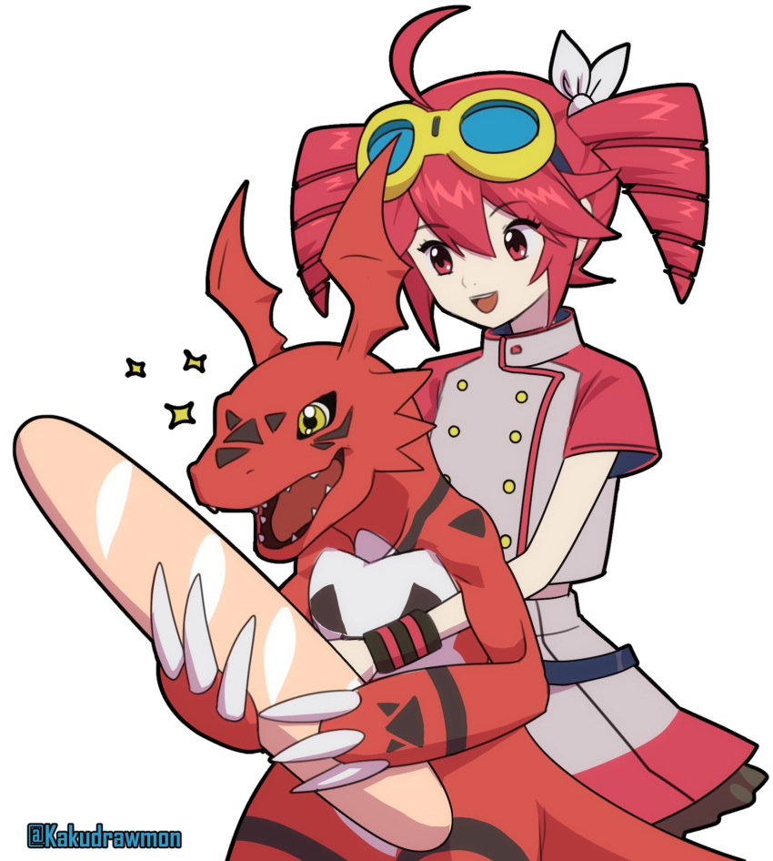 1girl, ahoge, baguette, bread, color_connection, cowboy_shot, crossover, digimon, digimon_tamers, dinosaur, drill_hair, food, goggles, goggles_on_head, grey_jacket, grey_skirt, guilmon, highres, jacket, kakudrawmon, kasane_teto, miniskirt, pleated_skirt, red_eyes, red_hair, red_jacket, red_skirt, simple_background, skirt, twin_drills, twintails, utau, white_background, yellow_eyes