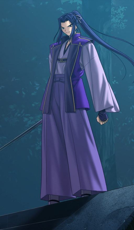 >:), 1boy, armor, clenched_hand, closed_mouth, commentary, curtained_hair, fate/grand_order, fate/stay_night, fate_(series), feet_out_of_frame, hair_tie, hakama, hakama_pants, holding, holding_sword, holding_weapon, japanese_clothes, jinbaori, katana, kimono, long_hair, long_sleeves, looking_down, male_focus, monohoshizao_(fate), night, official_art, outdoors, pants, purple_hair, purple_hakama, purple_kimono, purple_socks, sasaki_kojirou_(fate), sidelocks, smile, socks, solo, stairs, standing, sword, tabi, takeuchi_takashi, third-party_source, v-shaped_eyebrows, violet_eyes, weapon