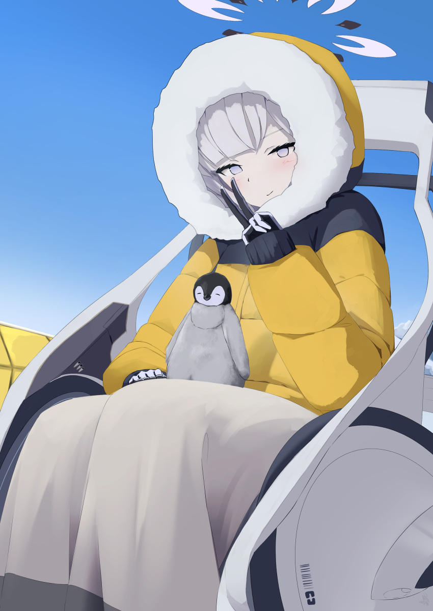 1girl, absurdres, animal_on_lap, bird, black_gloves, blue_archive, blue_sky, blunt_bangs