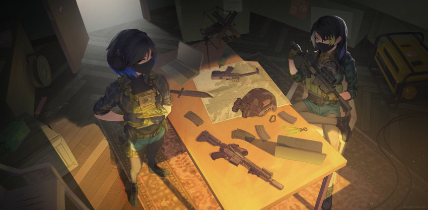 2girls, alina_svard_kovalenko_(laotianaviator), ar-15, avee_(silent_kookaburra), black_hair, black_mask, black_pantyhose, boots