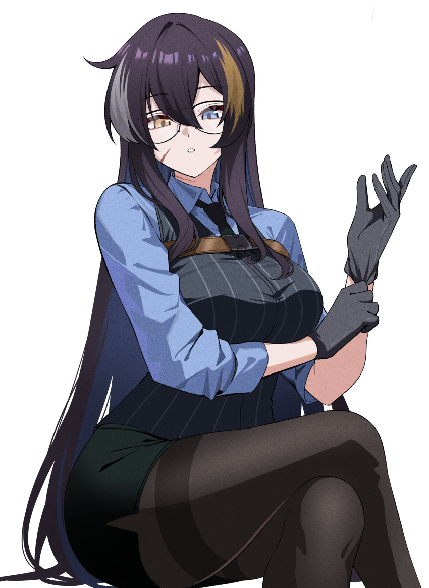 1girl, absurdres, adjusting_clothes, adjusting_gloves, alina_svard_kovalenko_(laotianaviator), black_gloves, black_hair, black_pantyhose