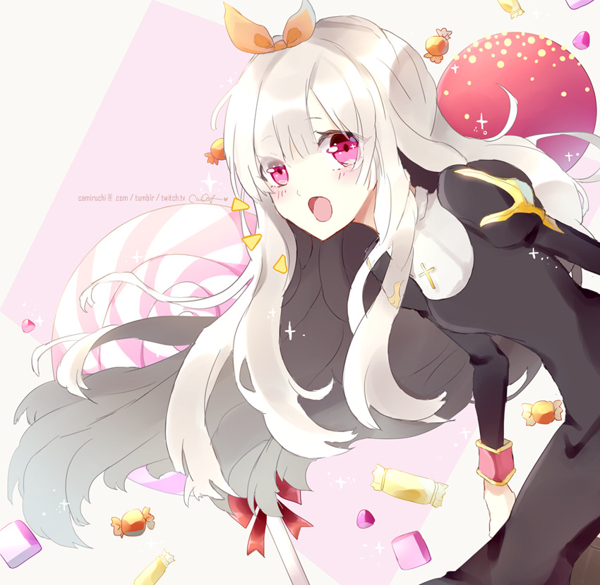 1girl, :o, black_dress, blush, bow, camiruchi, candy, commentary, cowboy_shot, cross, cross_necklace, dress, english_commentary, food, hair_bow, jewelry, juliet_sleeves, leaning_forward, long_hair, long_sleeves, looking_at_viewer, necklace, open_mouth, orange_bow, pink_eyes, priest_(ragnarok_online), puffy_sleeves, ragnarok_online, solo, white_hair