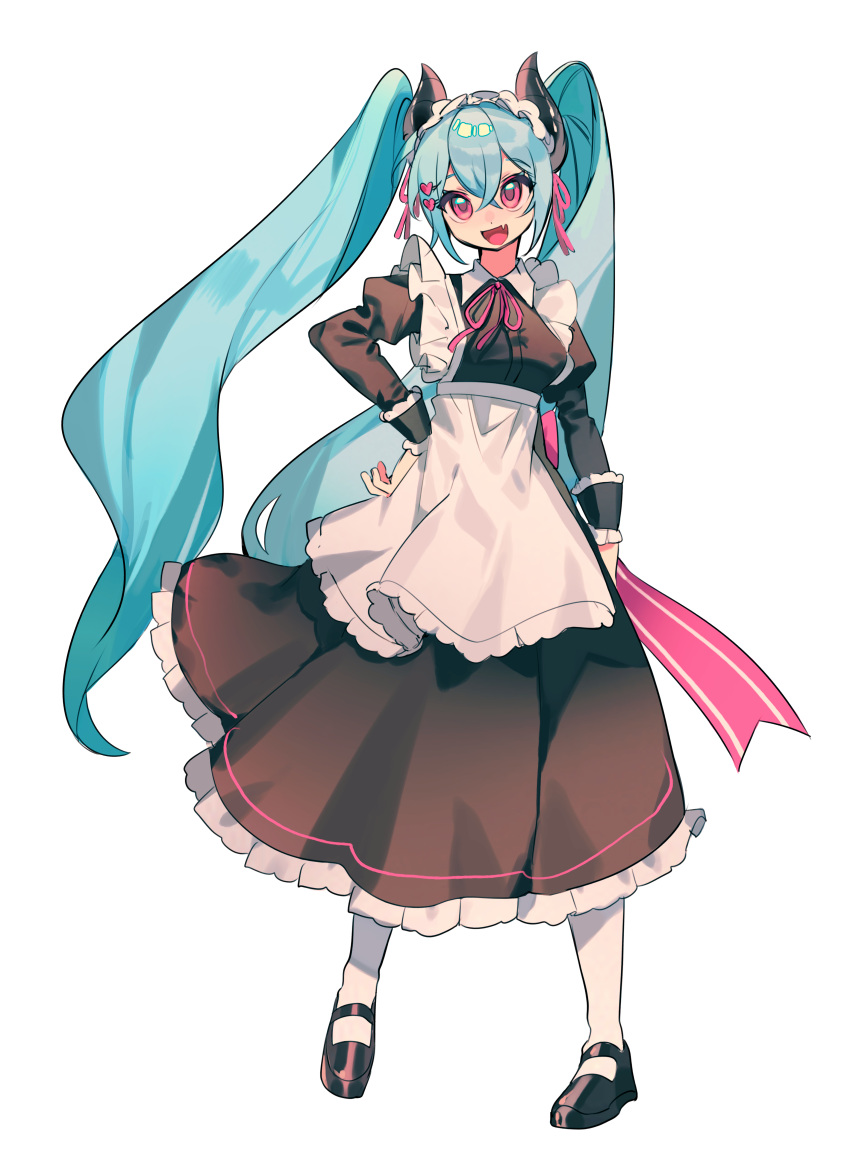 1girl, :d, absurdres, apron, arm_at_side, artist_request, back_bow, black_dress, black_horns, black_shoes, borrowed_character, bow, breasts, collar, commission, crossed_bangs, dot_nose, double-parted_bangs, dress, fang, frilled_apron, frilled_straps, frills, full_body, hair_between_eyes, hair_ornament, hair_ribbon, hairpin, hand_on_own_hip, happy, heart, heart_hair_ornament, highres, horns, juliet_sleeves, long_hair, long_sleeves, maid, maid_headdress, mary_janes, medium_breasts, morello_(morellostorment), neck_ribbon, open_mouth, original, pigeon-toed, pink_eyes, pink_ribbon, pink_trim, puffy_sleeves, ribbon, second-party_source, shoes, simple_background, sketch, skin_fang, smile, solo, tachi-e, twintails, underbust, very_long_hair, waist_apron, wavy_hair, white_apron, white_background, white_collar, wind, wing_collar