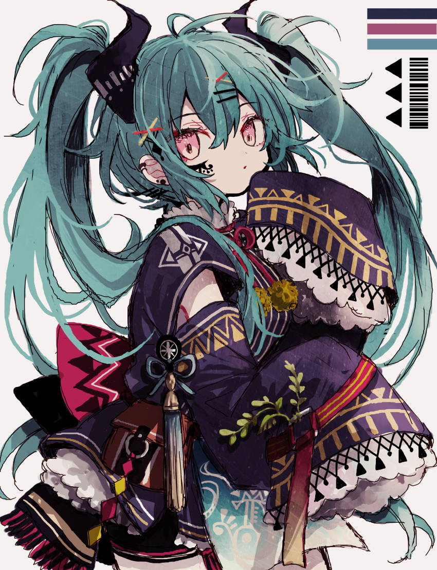 1girl, absurdres, ahoge, azzz_(7334080), barcode, black_horns, borrowed_character, closed_mouth