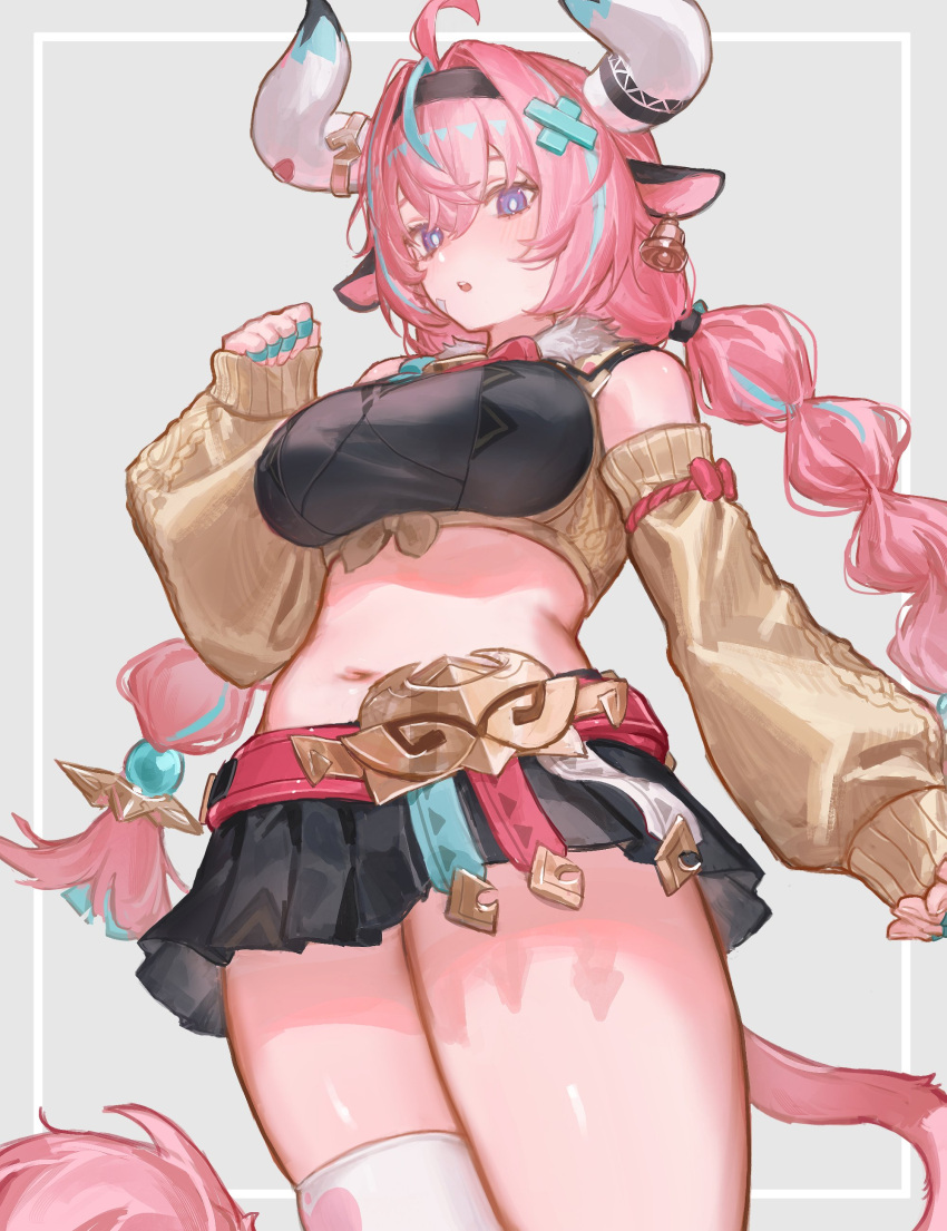1girl, absurdres, ahoge, animal_ears, aqua_hair, bell, blush, braid, breasts, cow_ears, cow_girl, cow_horns, cow_tail, genshin_impact, hairband, highres, horns, large_breasts, long_hair, looking_at_viewer, matuka10101, multicolored_hair, navel, pink_hair, simple_background, skirt, solo, streaked_hair, tail, thick_thighs, thigh-highs, thighs, twin_braids, twintails, varesa_(genshin_impact), violet_eyes
