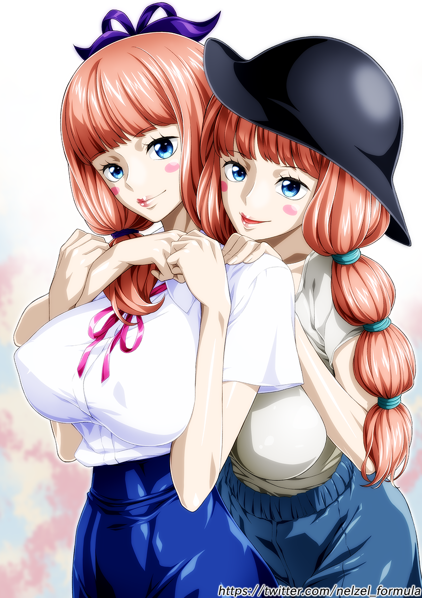 2girls, alternate_form, blue_eyes, blush, braid, breasts, charlotte_chiffon, charlotte_lola
