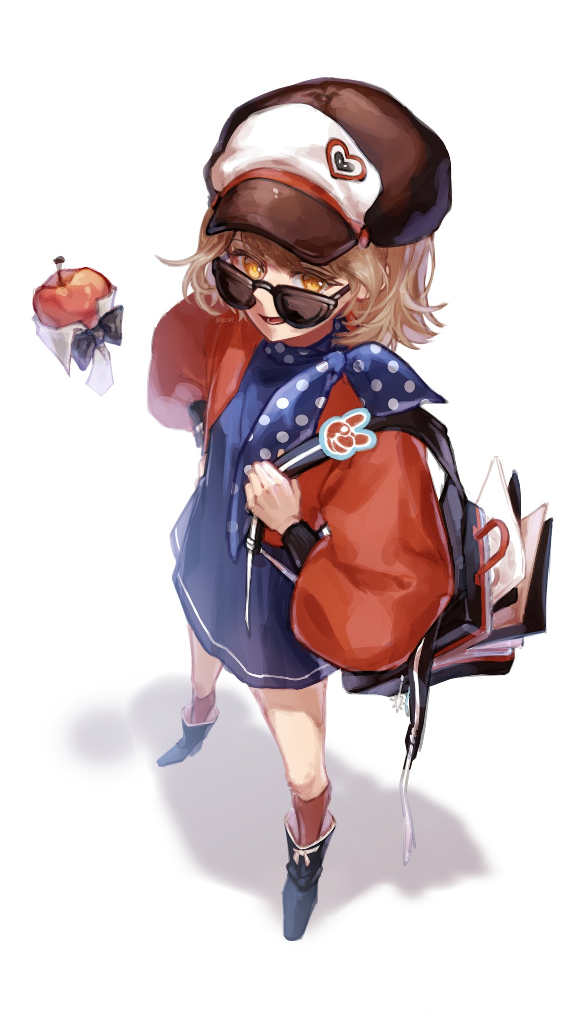 1girl, :d, apple, apple_(reverse:1999), backpack, bag, black_bag, black_boots, black_bow, black_bowtie, blue_dress, blue_neckerchief, boots, bow, bowtie, brown_hair, cabbie_hat, dress, food, from_above, fruit, full_body, hand_on_own_hip, hat, highres, holding_strap, jacket, legs_apart, long_sleeves, looking_at_viewer, looking_over_eyewear, neckerchief, open_bag, open_mouth, orange_eyes, polka_dot_neckerchief, puffy_long_sleeves, puffy_sleeves, record_jacket, red_jacket, red_socks, regulus_(reverse:1999), reverse:1999, short_dress, short_hair, sikhye_(ccc14t), smile, socks, solo, standing, sunglasses, traditional_bowtie, white_background