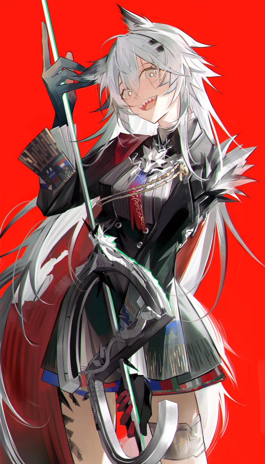 1girl, animal_ear_fluff, animal_ears, arknights, black_gloves, black_jacket, black_skirt, blue_necktie