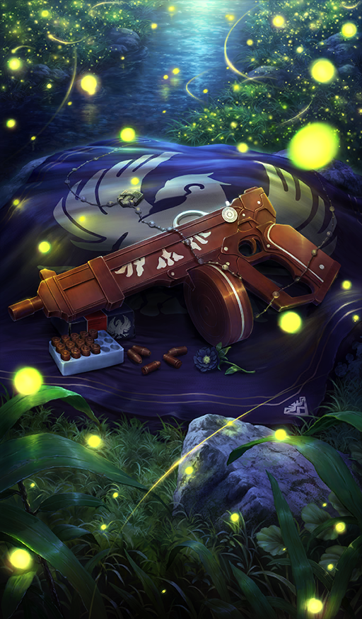 blue_flower, bug, bullet, chocolate, chocolate_river_no_sono_saki_ni, commentary_request, fate/grand_order, fate_(series), firefly, flower, flower_request, food, food_art, food_focus, grass, gun, light_trail, night, no_humans, official_art, oosawa_tomokazu, still_life, stream, third-party_source, weapon, weapon_request