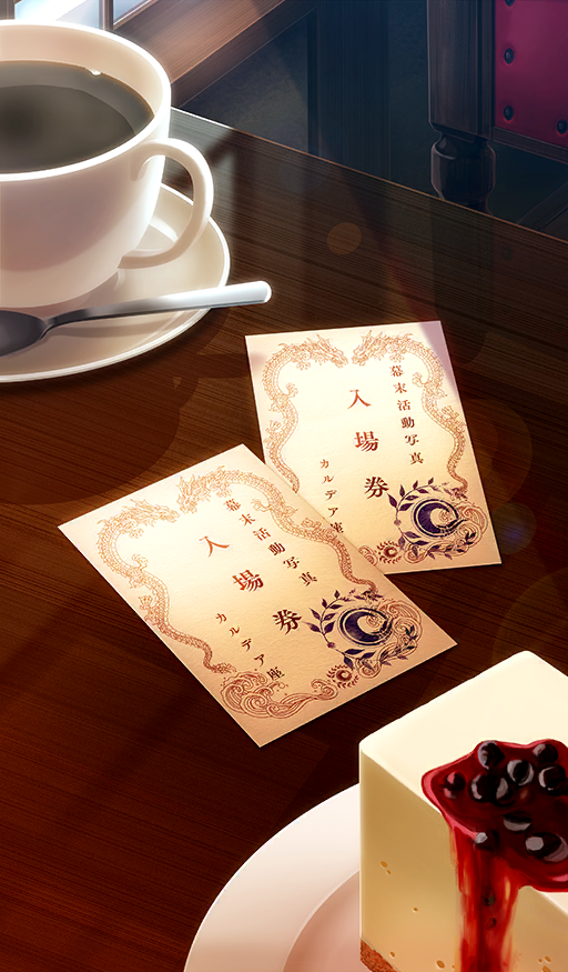 chaldea_logo, chocolate_river_no_sono_saki_ni, commentary_request, cup, dessert, drink, fate/grand_order, fate_(series), food, food_request, indoors, lens_flare, light_rays, no_humans, nushiss, object_focus, official_art, paper, plate, saucer, spoon, still_life, third-party_source, translation_request, window