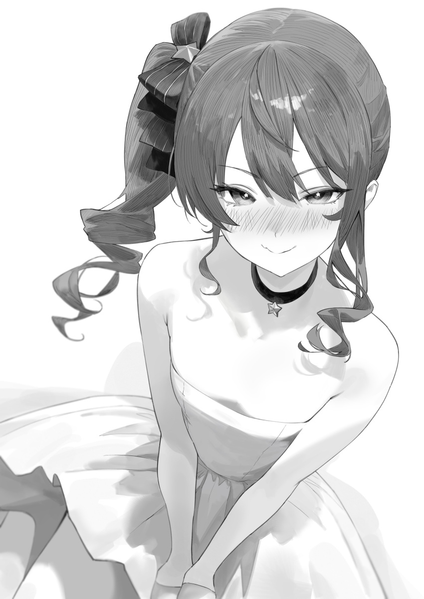 1girl, absurdres, blush, choker, dress, greyscale, hair_ornament, highres