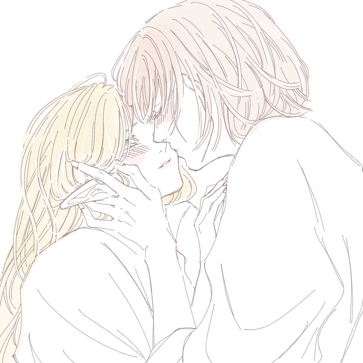 2girls, blonde_hair, blush, closed_eyes, commentary, conniepkmn, dungeon_meshi, elf