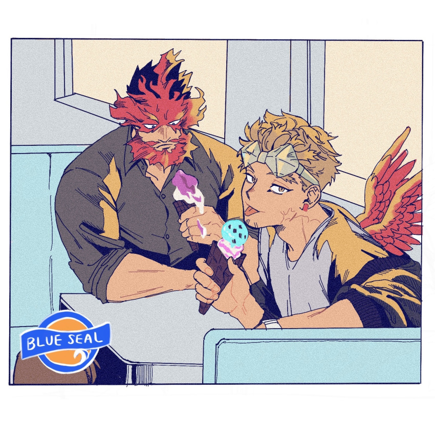 2boys, beard, boku_no_hero_academia, brown_hair, endeavor_(boku_no_hero_academia), facial_hair, feathered_wings, fiery_beard