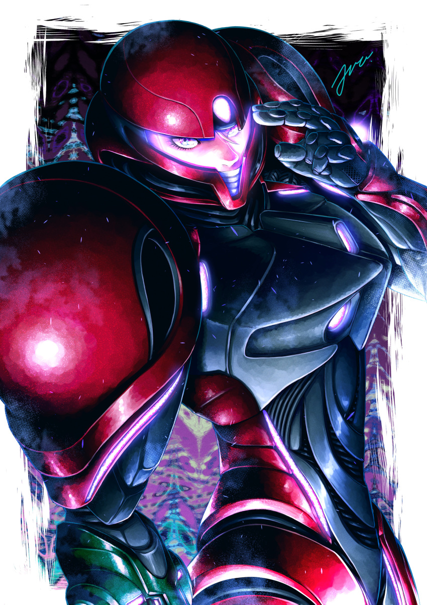 1girl, absurdres, arm_cannon, armor, assault_visor, dutch_angle, helmet, highres