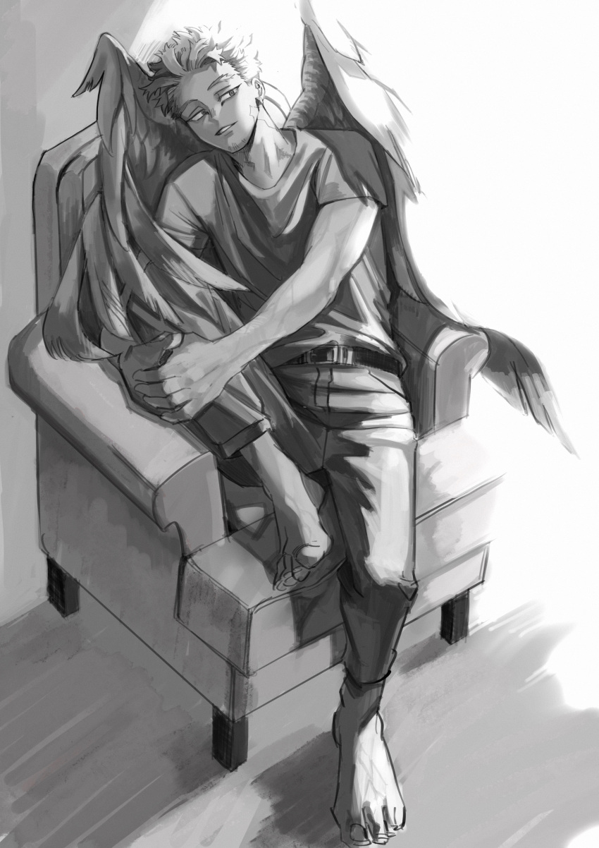 1boy, absurdres, adam's_apple, armchair, barefoot, belt, boku_no_hero_academia, chair