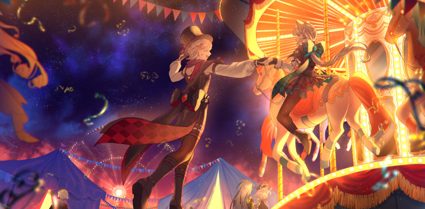 2girls, 3boys, animal_ears, black_boots, black_bow, black_hat, boots, bow