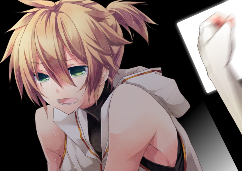 aqua_eyes, bare_shoulders, blonde_hair, cry, crying, fist, green_eyes, hood, hoodie, kagamine_len, male, ponytail, sad, short_hair, solo, tears, vocaloid