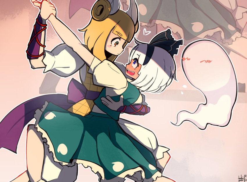 2girls, arm_guards, belt, black_hairband, black_ribbon, blonde_hair, blunt_bangs, blush