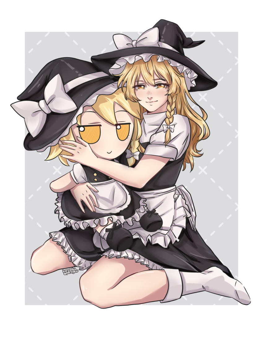 1girl, apron, black_dress, blonde_hair, bow, braid, character_doll, commentary