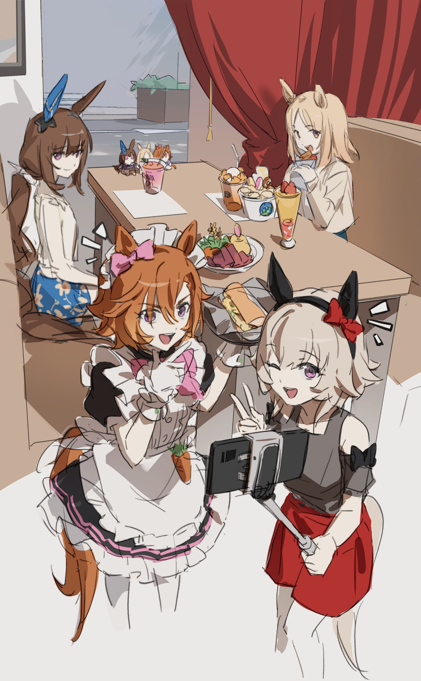 4girls, absurdres, admire_vega_(umamusume), alternate_costume, animal_ears, apron, black_dress, black_shirt