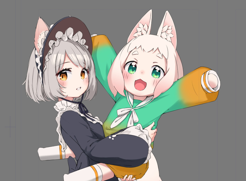 2girls, :3, :d, animal_ear_fluff, animal_ears, arms_up, black_dress, black_ribbon