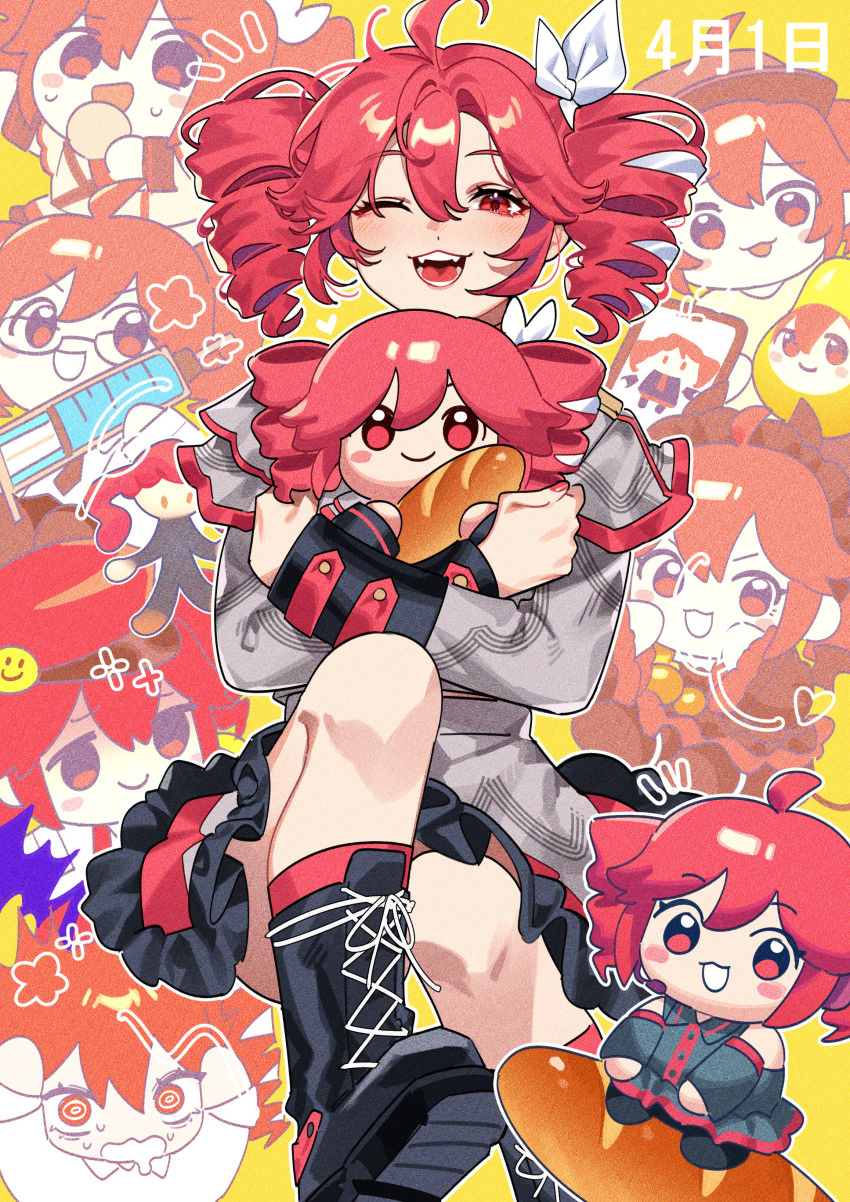 @_@, absurdres, ahoge, alternate_costume, ankle_socks, ataman_ita_(synthesizer_v), baguette, big_head