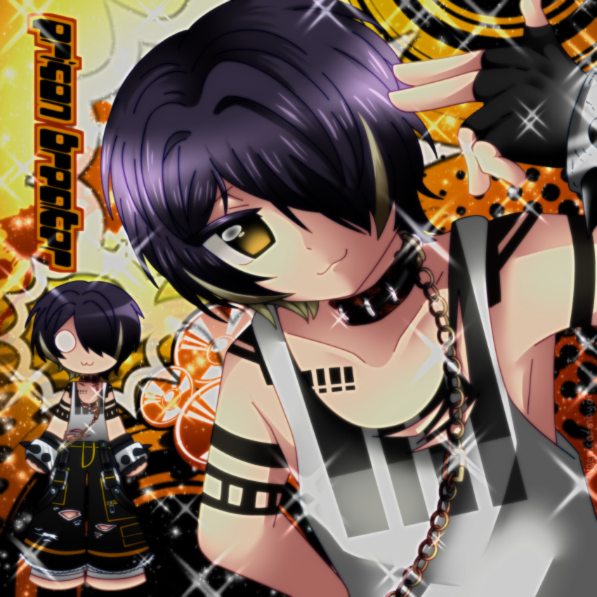 1boy, 2000s_(style), :3, absurdres, bad_anatomy, black_collar, chain, chained, chibi, collar, english_text, ensemble_stars!, finger_gun, finger_gun_to_head, fingerless_gloves, frutiger_metro, full_body, ghoulpop_(artist), gloves, highres, multicolored_hair, non-web_source, o_o, prison_breakers_(ensemble_stars!), purple_hair, sengoku_shinobu, sparkle, spikes, streaked_hair, tattoo, upper_body, yellow_eyes