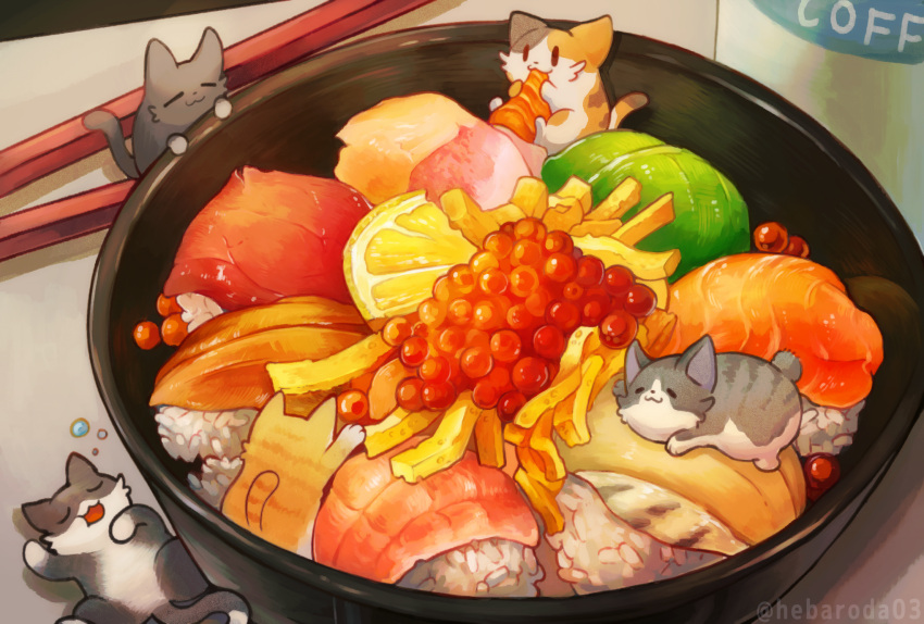 5others, :3, animal, animal_focus, black_cat, bowl, calico, cat, chibi, chopsticks, commentary_request, eating, fish_(food), food, food_focus, fruit, hebaroda03, highres, lemon, lemon_slice, multiple_others, nigirizushi, octopus_sashimi, open_mouth, original, rice, roe, salmon, sashimi, sleeping, sushi, tuna