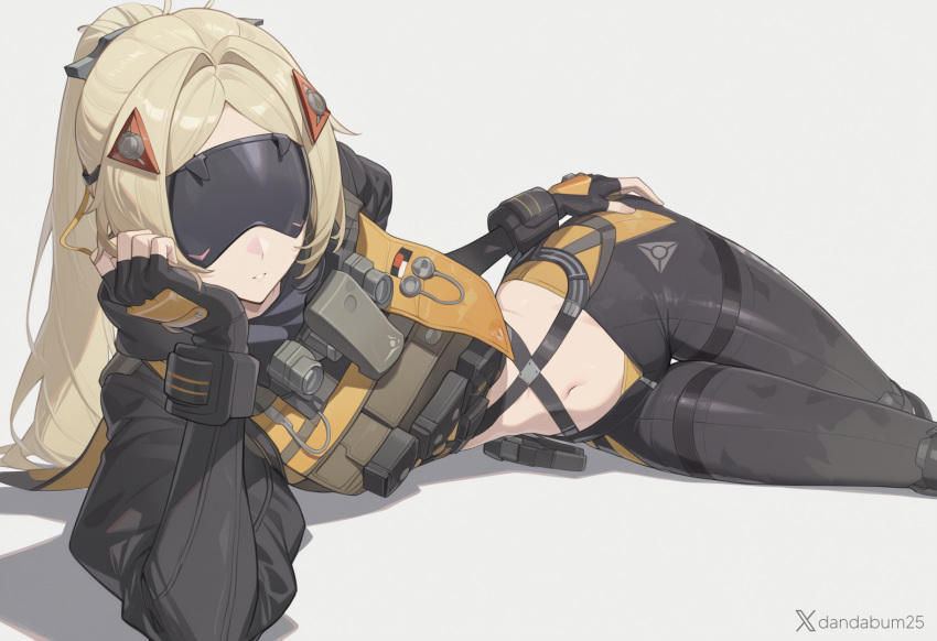 1girl, black_blindfold, black_gloves, black_pants, blindfold, blonde_hair, commentary, covered_eyes