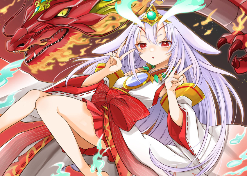 1girl, 1other, blush, commission, detached_sleeves, dragon, eastern_dragon, feet_out_of_frame