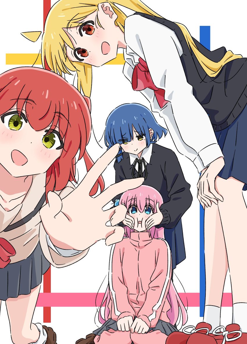 4girls, absurdres, ahoge, black_ribbon, black_sweater, black_sweater_vest, blonde_hair, blue_eyes
