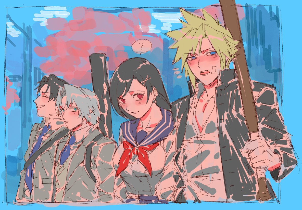 1girl, 3boys, ?, angeal_hewley, angeal_hewley_(shinra_private_academy), averting_eyes, bandaid, bandaid_on_cheek