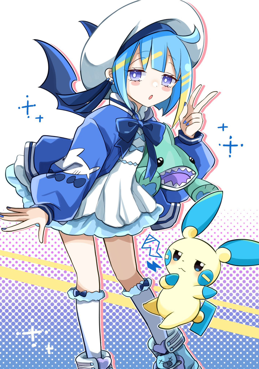 1girl, 1other, ahoge, blue_bow, blue_eyes, blue_hair, blue_jacket, blue_nails