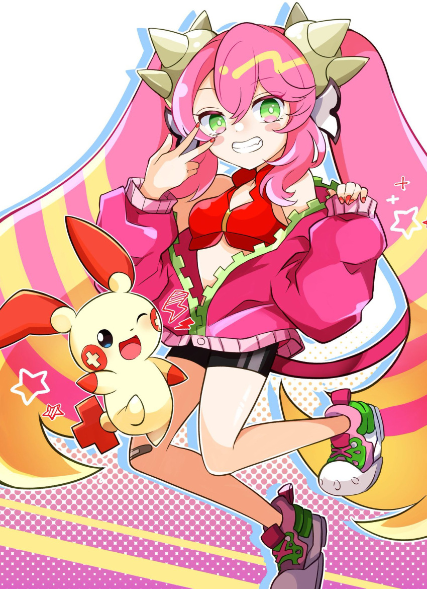 1girl, 1other, blush, boots, breasts, clenched_teeth, demon_tail, green_eyes
