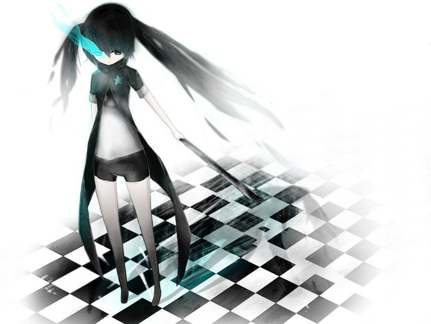 barefoot, black_rock_shooter, black_rock_shooter_(character), kamiten, kuroi_mato, polychromatic, twintails, weapon