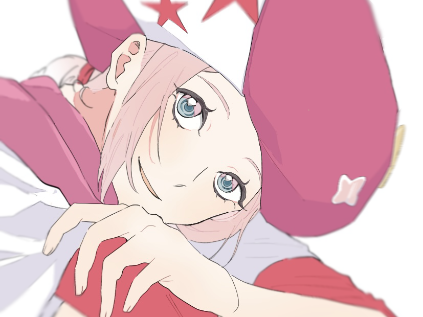 1boy, androgynous, blue_eyes, braid, classicaloid, eyelashes, fingernails, hat, looking_at_viewer, male_focus, me_(miro_0220), parted_lips, pink_hair, pink_hat, shirt, simple_background, solo, white_background, white_shirt, wolfgang_amadeus_mozart_(classicaloid)