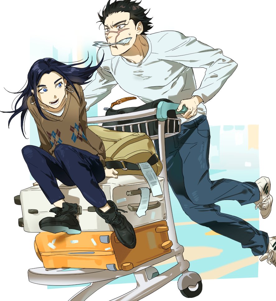 1boy, 1girl, asirpa, black_hair, black_shoes, brown_sweater, commentary, denim
