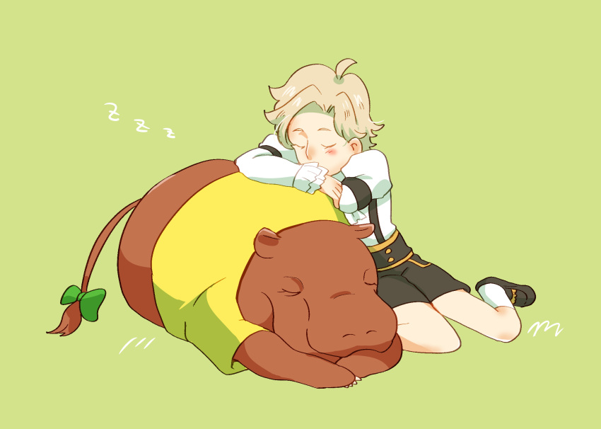 1boy, animal, antonin_dvorak_(classicaloid), black_shoes, black_shorts, blush, bow, brown_hair