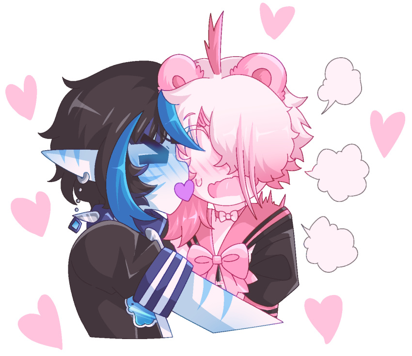 2boys, ahoge, bad_anatomy, birthday_(oc), blue_sailor_collar, colored_skin, flustered, from_side, ghoulpop_(artist), ghoulpop_(oc), gradient_hair, heart, heavy_breathing, highres, kiss, kissing_cheek, multicolored_hair, multiple_boys, non-web_source, original, outline, ribbon, sailor_collar, shota, sweat, upper_body, upright_ahoge, white_outline, white_skin