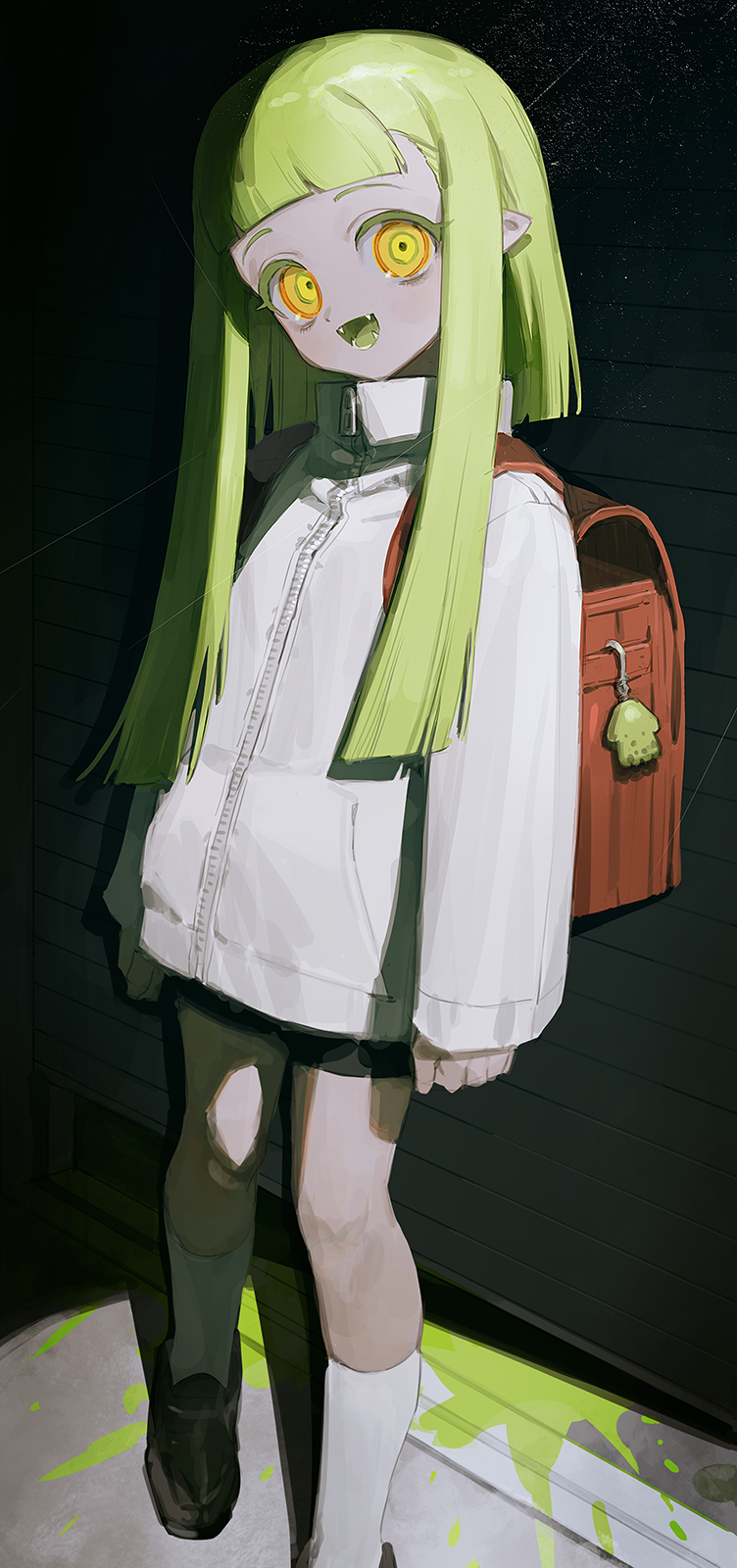 1girl, backpack, bag, black_shorts, charm_(object), colored_eyelashes, colored_tongue, commentary