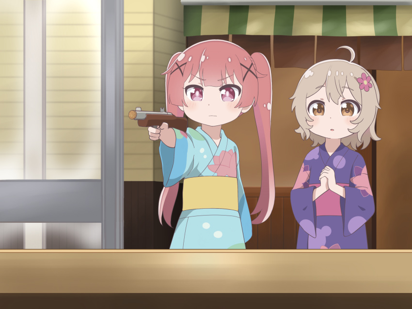 2girls, ahoge, akaki_aoyama, bow, brown_eyes, brown_hair, commentary, english_commentary