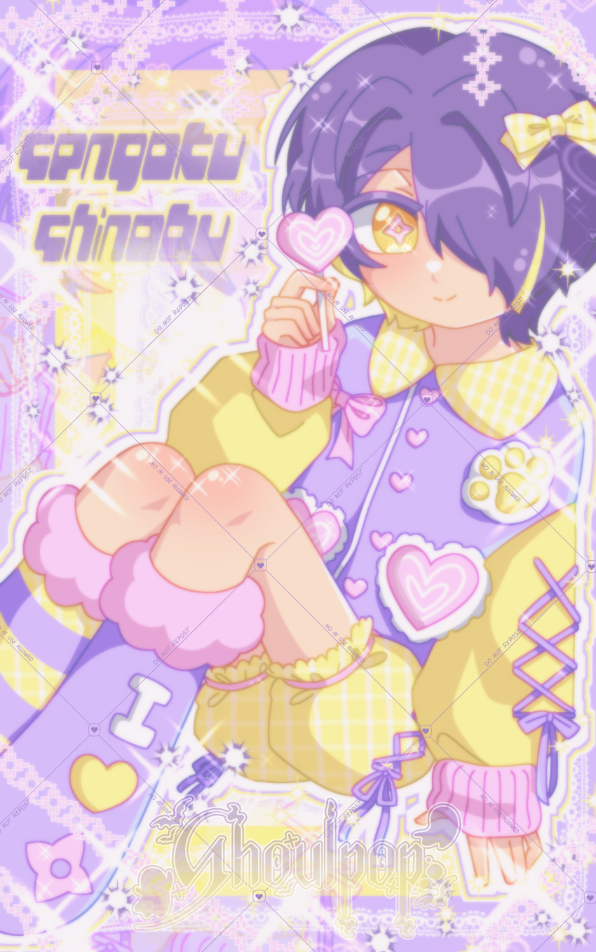1boy, absurdres, alternate_costume, artist_logo, bad_anatomy, bow, candy, character_name