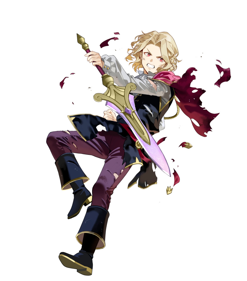1boy, aged_down, blonde_hair, brown_hair, capelet, fire_emblem, fire_emblem_fates, fire_emblem_heroes, highres, non-web_source, official_art, red_capelet, solo, sword, wavy_hair, weapon, xander_(fire_emblem), xander_(focused_firstborn)_(fire_emblem)