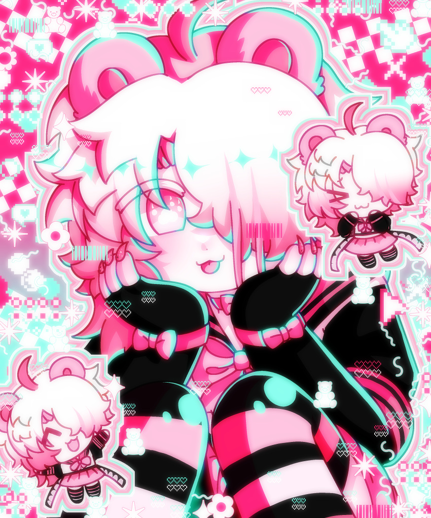 1boy, :p, absurdres, animal_ears, bad_anatomy, bear_ears, birthday_(oc), chibi, chibi_on_shoulder, decorations, ghoulpop_(artist), gradient_hair, highres, multicolored_hair, non-web_source, original, otoko_no_ko, pink_eyes, shota, tongue, tongue_out, white_hair