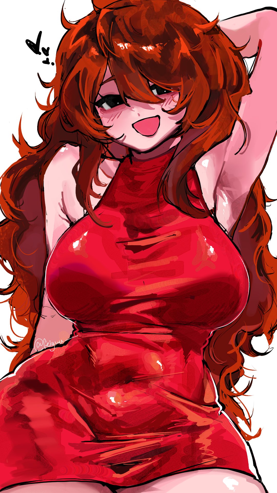 :d, arm_behind_head, breasts, brown_hair, covered_navel, cropped_legs, dress, feiyuu, friday_night_funkin', girlfriend_(friday_night_funkin'), heart, highres, large_breasts, long_hair, pencil_dress, red_dress, sleeveless, smile, tight_clothes, tight_dress, white_background