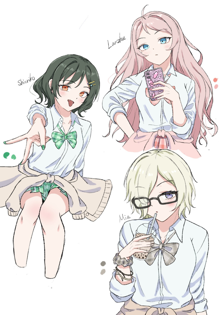3girls, ahoge, black-framed_eyewear, black_hair, blonde_hair, blue_eyes, blush, bow